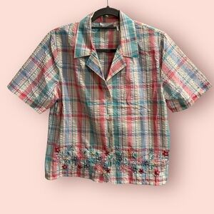 Vintage Alfred Dunner Plaid Seersucker Embroidered Blouse